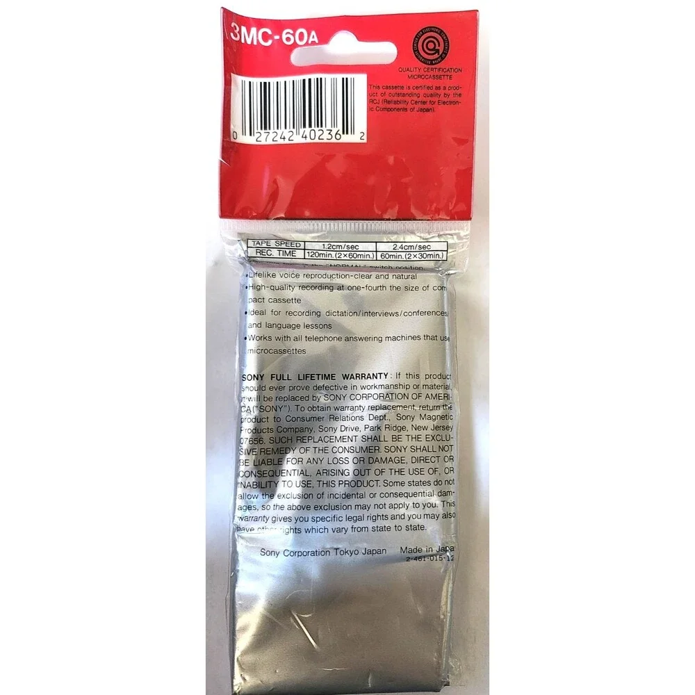 Sony MC-60 Micro Cassette Blank Tape ~ 3pk ~60 Min. ~New in Pkg